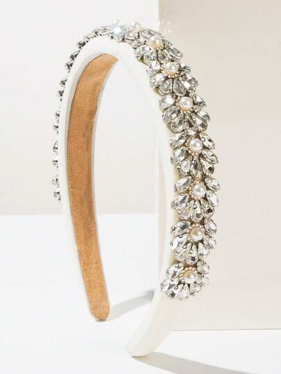 1pc Solid Color Fabric Sponge Padded Headband, Elegant Rhinestone & Pearl Baroque Decor, Dressy Women Accessory