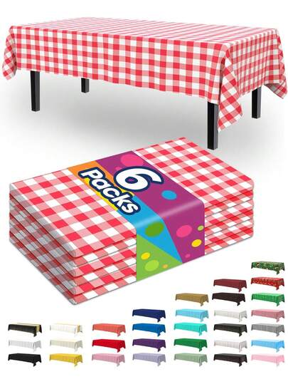6pcs Red & White Plastic Checkered Tablecloths, Decorative Disposable Checkered Tablecloths, Suitable For Parties, Rectangular Party Tablecloths, Suitable For Picnics, Farms, Birthdays, Weddings, 54x108 Inches
