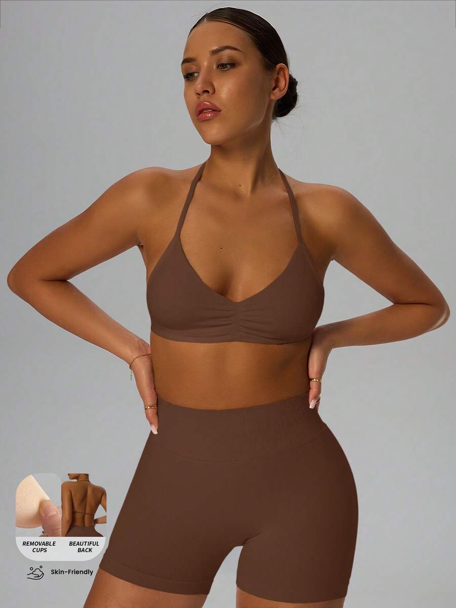 Yefecy 女士高支撑细肩带运动吊带背心，适合健身、瑜伽等运动，具有高支撑性和高弹性，适合运动、瑜伽及各种场合，春季穿着。 - 棕色 - 查看 1