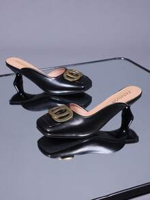 1 Par de Chinelos de Salto Alto Estilo Coreano Plus Size para Adolescentes, Cor Sólida PU Macio + Decoração de Fivela de Disco Redondo Dourado, Bico Quadrado Corte Raso Bico Fechado Salto Fino Design Slip-On Aumentador de Altura, Chinelos de Salto Anabela Elegantes Fofos e Modernos para Trabalho e Casual, Adequados para Uso Diário Casual Férias Escritório Interno, Novo para Primavera e Verão - Preto - Visão 3