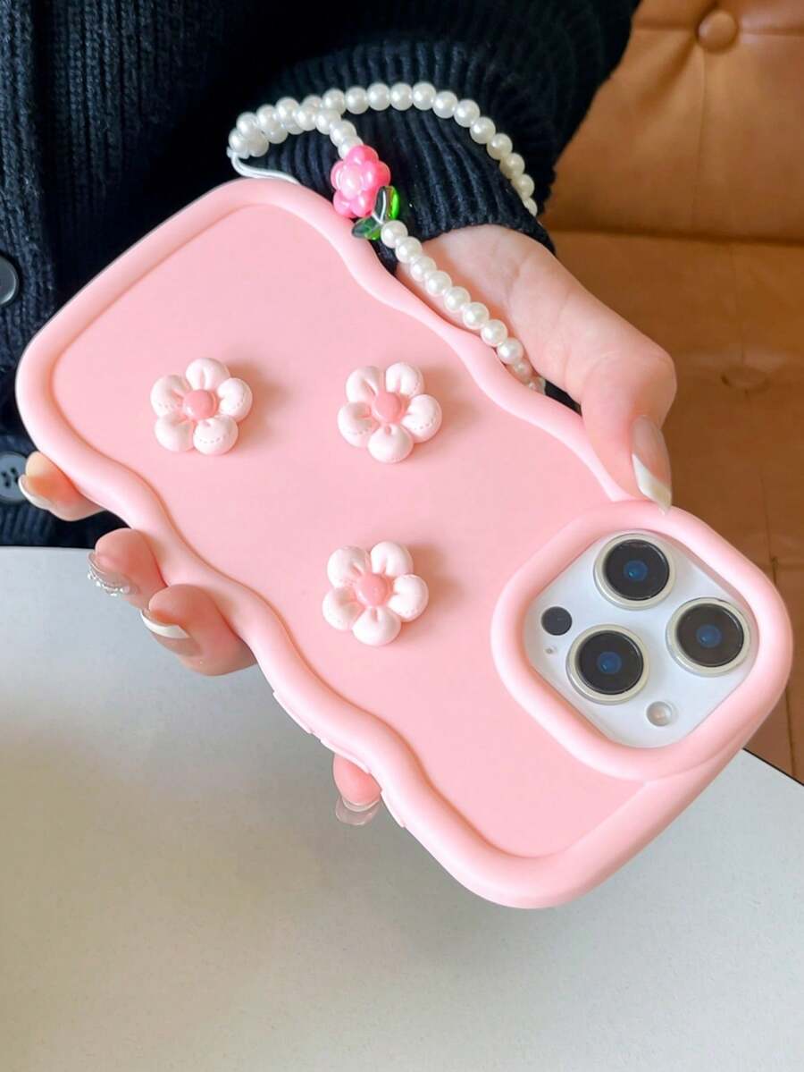 1个柔粉色3D花朵手机壳，波浪边防震，带珍珠挂绳，防震、防滑、防刮花 | 专为 17 Pro Max设计 | 兼容 17/16/15/14/13/12/11系列、S20-S25系列、Note 14/13/12系列和A56 5G | 完美的情人节/新年礼物。
