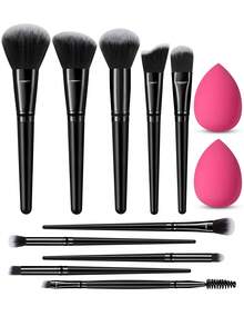 12件套化妆工具套装，包括：10支化妆刷+2个化妆海绵 - 彩色 - 查看 10