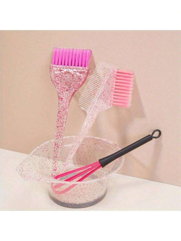 4 قطع مجموعة تصفيف الشعر اللامع، مشط صبغ الشعر، فرشاة صبغ الزيت، فرشاة شعر ناعمة أحادية الجانب شفافة باللؤلؤ، عصا خلط صبغ الشعر، وعاء صبغ التفتيح