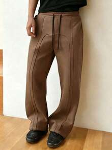 Men's Casual Solid Color Drawstring Waist Sports Wide Leg Pants, All Seasons, Fall - Cà phê nâu - Xem 13