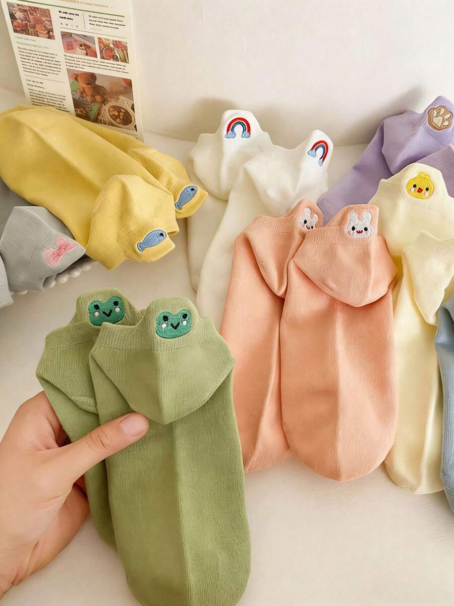 5双女士刺绣卡通短袜，低帮，春夏款 - 彩色 - 查看 1