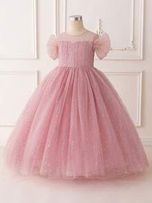 Đầm dạ hội/phù dâu thanh lịch cho bé gái tuổi teen, đầm dự tiệc sinh nhật đính sequin lưới thời trang, đầm tốt nghiệp, đầm giả ngọc trai. - Hồng - Xem 3
