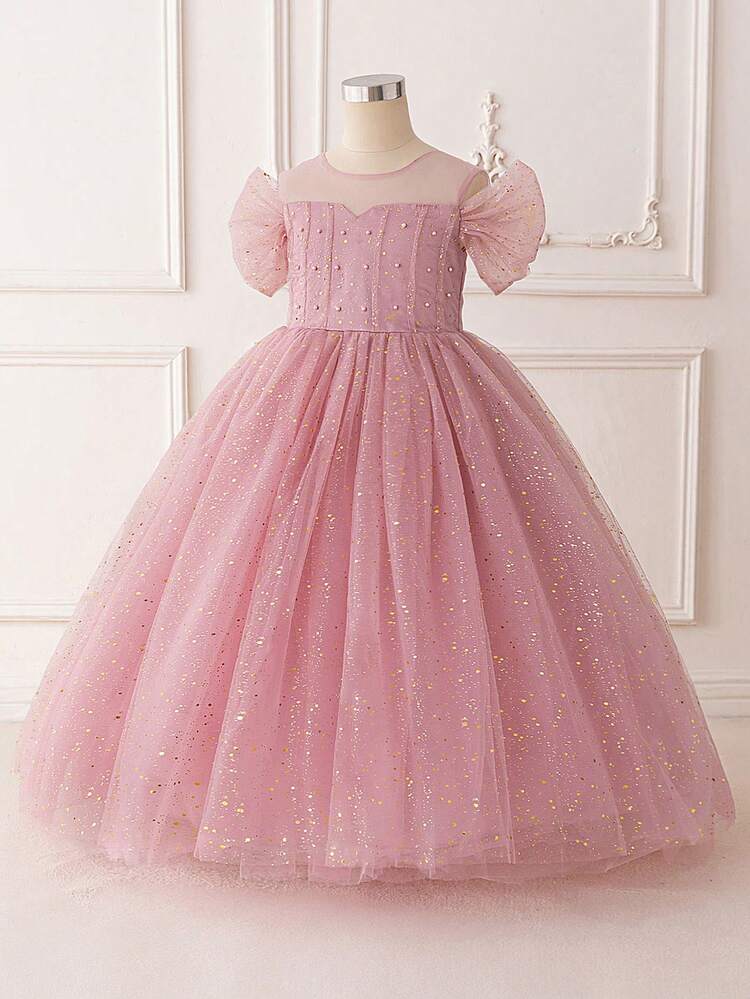Đầm dạ hội/phù dâu thanh lịch cho bé gái tuổi teen, đầm dự tiệc sinh nhật đính sequin lưới thời trang, đầm tốt nghiệp, đầm giả ngọc trai. - Hồng - Xem 3
