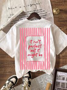 积极标语完美条纹图案T恤，女士休闲圆领短袖简约T恤，夏季度假沙滩装 - 彩色 - 查看 3