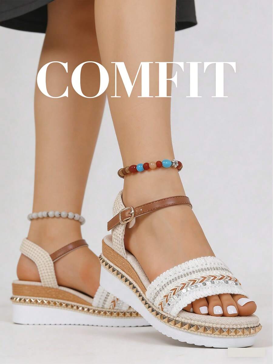 Sandal Wedges Manik-Manik Versi Lebar, Sepatu Pantai Platform Anyaman Nyaman untuk Wanita, Sandal Romawi Retro Ukuran Besar