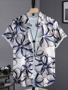 Blue Abstract Floral Pattern Symbolizes Freedom And Vitality Spreading Across The Shirt Design 3D Printed Casual Short Sleeve Button Up Shirt For Men Summer Beachwear - 白色 - 查看 1