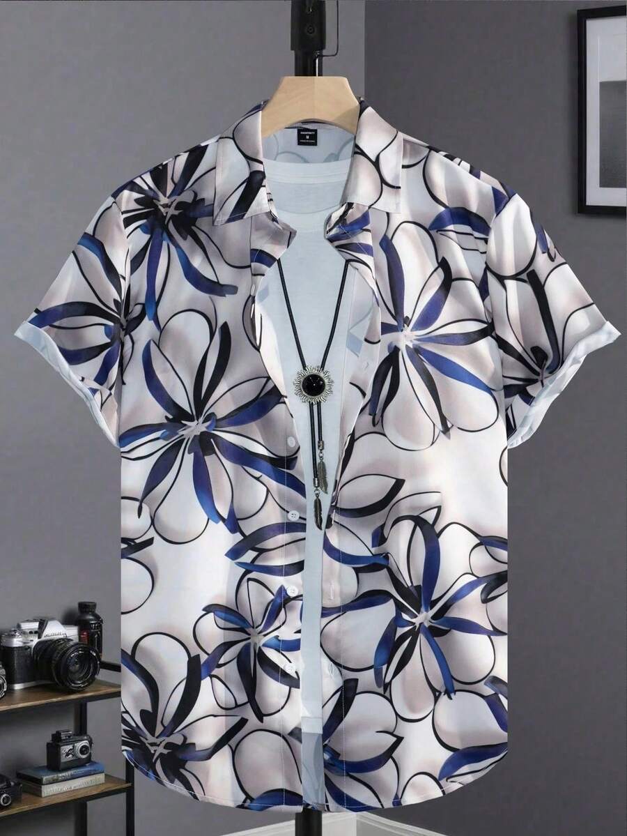 Blue Abstract Floral Pattern Symbolizes Freedom And Vitality Spreading Across The Shirt Design 3D Printed Casual Short Sleeve Button Up Shirt For Men Summer Beachwear - 白色 - 查看 1