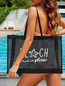 粉色网眼沙滩手提包，字母印花，附赠化妆包和时尚眼镜，网眼化妆包可装口红和粉扑，便携式沙滩包，夏季必备 - 彩色 - 查看 4