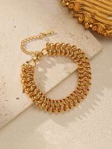 RAYQUEEN 1pc Stainless Steel Geometric Retro Hip-Hop Cool Bracelet For Women, Suitable As Holiday Gift - Yellow Gold - View 7