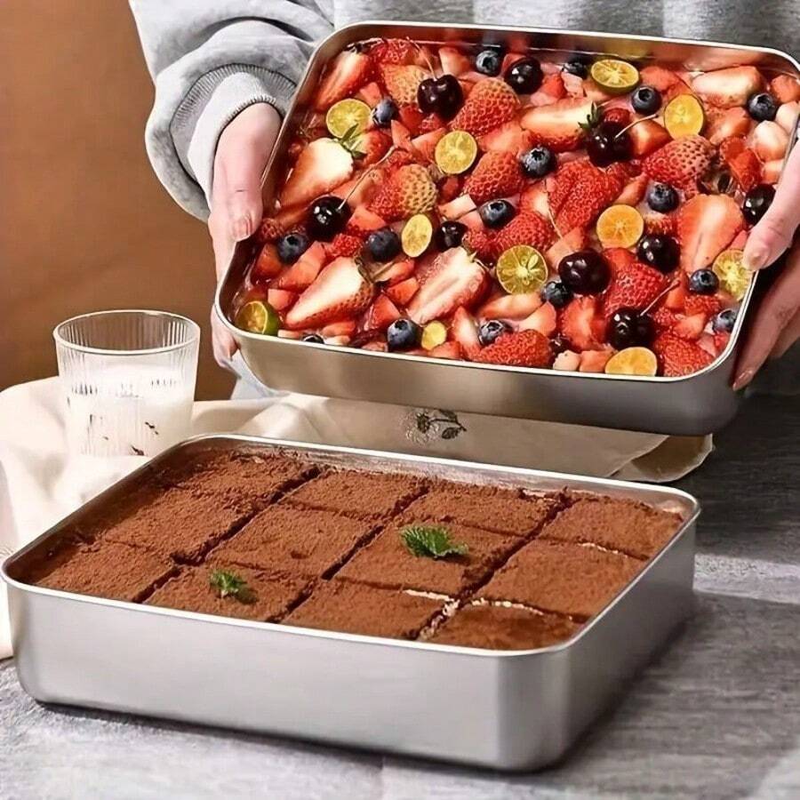 Stainless Steel Tiramisu Dish, Flat Square Tray, Rectangular Box With Lid, Steaming Cake Baking Tray, Serving Platter - Multicolor - View 1