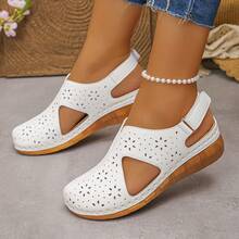 Fashion Casual Sandals, Hollow Hook And Loop Breathable Strap Wedge Heel, Closed Toe Stitching Slip-On Beach Platform Sandals For Women - White - View 5