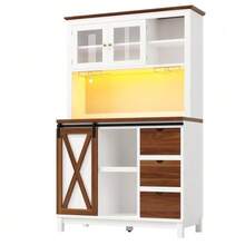 Modern Tall Cabinet With LED Lighting And App Control, Kitchen Or Dining Room Cabinet With Drawer, Sideboard With Sliding Door And Three Drawers, Black - White - View 8