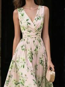 Vestido de gasa con estampado floral sin mangas - Cuello en V romántico, cintura ceñida y falda acampanada, primavera/verano vacaciones - Verde Pastel - Ver 3