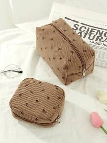 2 Pieces Set / 1 Brown Floral-Patterned Octagonal Makeup Bag, A Fashionable And Casual Large-Capacity Portable Zipper Makeup Bag Suitable For Travel And Vacation, A Must-Have Makeup Bag For Essential Items - Brown - View 8