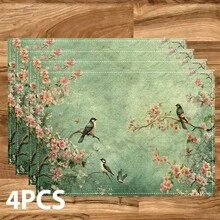 Bộ 4/6/8 tấm lót bàn ăn họa tiết chim và hoa cổ điển, trang trí tiệc, thảm trải bàn bằng vải lanh (khăn trải bàn in có thể giặt), tấm bảo vệ bề mặt, vật trang trí lý tưởng cho nhà bếp trong dịp lễ và các buổi họp mặt gia đình. - Nhiều màu - Xem 1