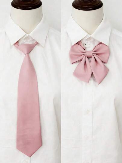 2pcs/Set Handmade Solid Color Polyester JK Uniform Shirt With Matching Tie, Preppy Style Fashion Versatile Tie And Bow Tie Set For Women, Lolita Style