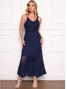 Vestido Aurora  elegante  Casual  Festa    Tricô    Renda    Vestido  Noite  Férias  Festa  Casamento  Namorando    Verão - Azul Marinho - Visão 1