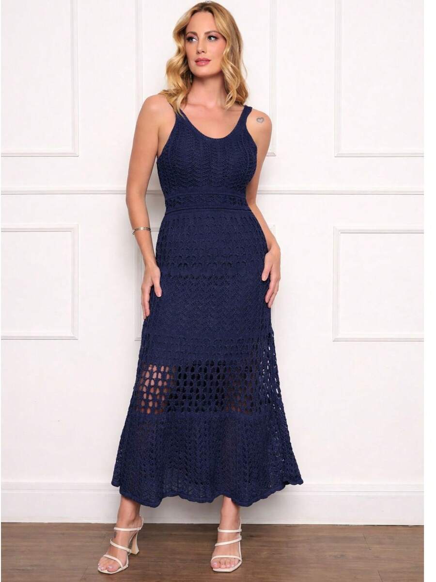 Vestido Aurora  elegante  Casual  Festa    Tricô    Renda    Vestido  Noite  Férias  Festa  Casamento  Namorando    Verão - Azul Marinho - Visão 1