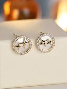 1对女士耳环，圆形星形耳钉，优雅设计，镶嵌合成锆石，时尚百搭，适合作为礼物和日常佩戴 - 耳環 - 查看 2
