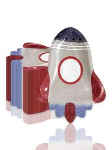 10个/20个/30个装 8.4x11.4英寸火箭造型纸盘，红蓝银闪光太空飞船一次性纸盘，太空主题派对用品，适合儿童生日派对、宇航员主题婴儿派对、男女通用甜点盘 - 彩色 - 查看 3