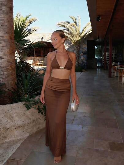 WaveBikini Official Fashionable Mocha Color 3-Piece Bikini Set, Including Ruffled Semi-Sheer Cover-Up And Embellished Stones