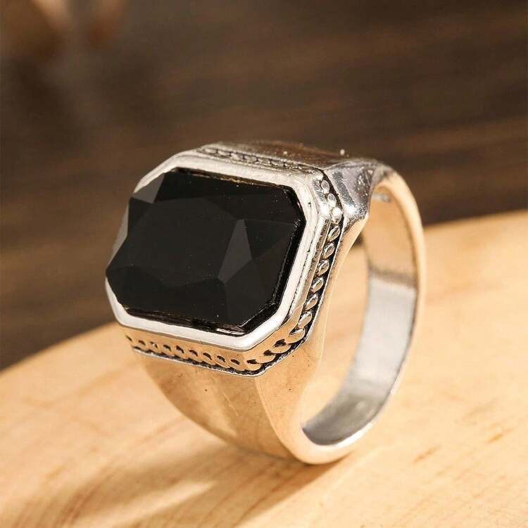 1pc Vintage Alloy & Resin Square Ring For Men, European And American Fashion