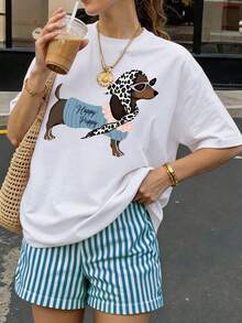 Kaos Lengan Pendek Kerah Bulat Ukuran Besar, Motif Anjing Bahagia, Kain Elastis, Kasual Putih Musim Panas - Putih - View 2