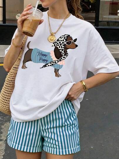 Áo thun tay ngắn cổ tròn cỡ lớn, chất liệu co giãn cao, in hình cún con đáng yêu, kiểu dáng thường ngày.