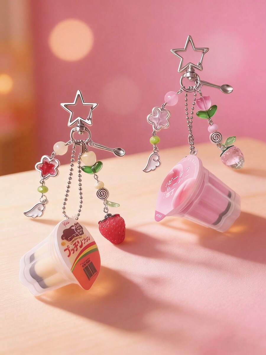1个日式布丁钥匙扣，粉色和黄色蛋奶沙司吊坠，Y2K平成复古美学串珠饰品 - 均碼 - 查看 1