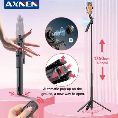 AXNEN 1760mm/69in Auto-Deploying Retractable Tripod With One-Touch Pop-Up Floor Stand, Wireless Remote Control And Dimmable Fill Light, Detachable Phone Holder, Compatible With IPhone/Android And Other Smartphones, Suitable For Travel, Vlogs, Live Streaming, Outdoor Photography, Influencer Shooting.