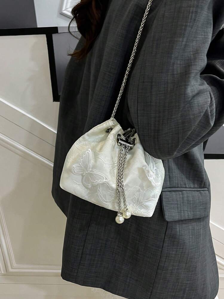 1pc White Butterfly Embroidered Crossbody Bag, Featuring Metal Chain Strap For Elegant & Versatile Look - White - View 5