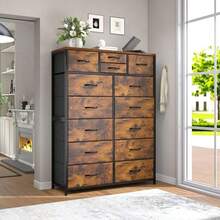 Cómoda de Tela Resistente de 52.2 de Altura con Tapa de Madera y Estructura de Metal, Almacenamiento de Ropa Multiusos y de Gran Capacidad para Dormitorio, Blanca - Óxido marrón - Ver 7