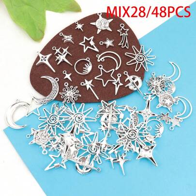 28/48pcs Random Mixed Star, Moon, Sun, Meteor Charm Pendants, Alloy Material, Classic Silvery, Suitable For Necklace, Bracelet, Earring, Keychain, Resin Phone Case DIY, Jewelry Making Supplies