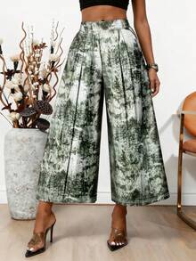 Elegant Women's Woven Fabric Straight Leg Pants, Abstract Green Print, Loose Fit Long Wide Leg Trousers, Showcasing Graceful Style And Comfortable Fashion - Dark Green - View 3