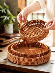 1 pieza Bandeja ovalada tejida a mano de ratán, plato portátil de estilo japonés para postres y frutas, cesta de almacenamiento, adecuada para almacenamiento, decoración, decoración rústica del hogar, maceta, portavelas, accesorios navideños, suministros para fiestas de cumpleaños, regalo de cumpleaños - Marrón moca-con asa - Ver 5