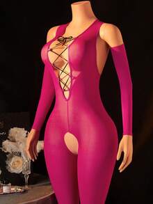 2pcs Sexy Women's Lingerie Set, Includes Sexy Bodysuit And Sleeves, Backless Bodysuit, Sexy Fitted Bikini Cover-Up, Spaghetti Strap Design, Sexy Girl Outfit, Bikini Cover-Up, Sexy Party Costume, Valentine's Day - Rose Red - View 3