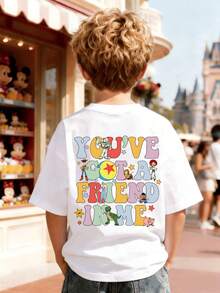 Disney Toy Story Family Photo T-Shirt Featuring Classic Characters Such As Buzz Lightyear And Woody, Lively And Playful Print Pattern Summer Tops,Short-Sleeved Casual And Cute Style  Children's Clothing Design, Boy Clothes For Kids ,Ropa Para Niños,Boy Clothes For Kids,Graphic Tee, Summer Clothes,Perfect For Cool Boy. Comfortable And Breathable Children's Short-Sleeved T-Shirt. Comfortable And Casual Wear All Year Round 180g Pure Cotton Children's Clothes,Comfortable & Lightweight, Iconic Print For Mix-And-Match Outfits,Suitable For Both Boys And Girls. - White - View 3