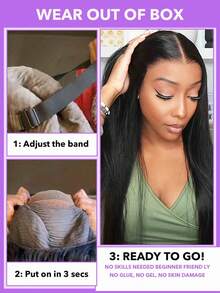 26英寸直发真人发无胶假发，4x4蕾丝，即戴即走，无需胶水，真人发，预先拔毛，预先剪裁，升级版蕾丝前假发，直发4x4无胶蕾丝闭合假发，女士款，150%密度，隐形贴合肌肤，无需胶水，蕾丝前闭合假发，自然黑（8-30英寸） - Natural Black - 查看 9