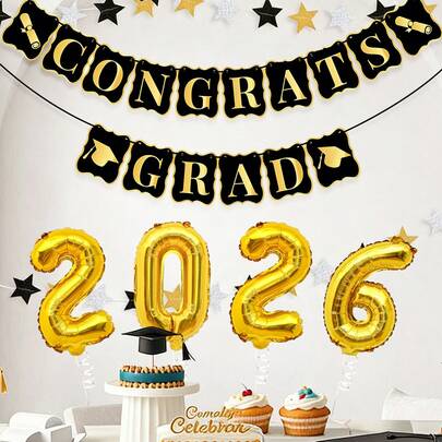 5pcs Graduation Party Balloon Set, Includes 16-Inch Number Balloons 2026, Graduation Gold Foil Banners, Congrats Grad, Suitable For Graduation Season Party Decor, Graduation Celebration, 2026 Graduation Atmosphere Decor