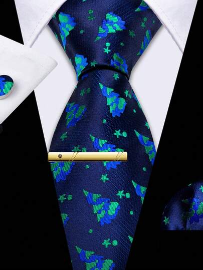Juego de corbata de hombre con estampado de árbol de Navidad azul marino - Incluye pañuelo de bolsillo, gemelos y pinza de corbata dorada, corbata formal festiva para días festivos
