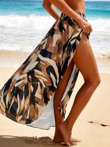 女士优雅夏季树叶印花A字侧开衩长裙，适合夏季和度假穿着 - 彩色 - 查看 3