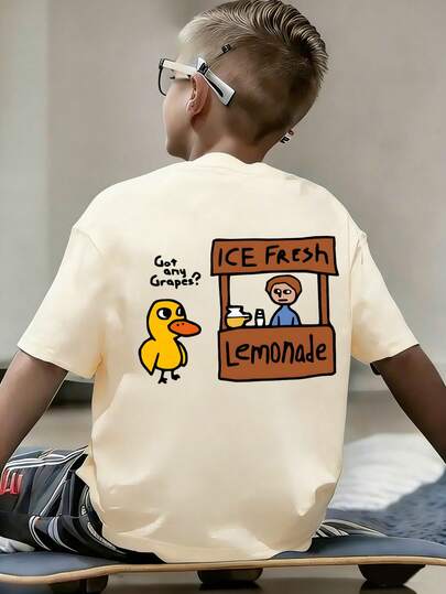 Teen Boy "Duck Song & Got Any Grapes?" Cartoon Duck Print T-Shirt, Soft And Comfortable Fabric, Suitable For Boys Outdoor Sports, Casual Wear, Streetwear, Campus Style, Fashionable Boys Spring/Summer Versatile Top