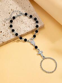 1pc Gothic Style Metal Chain Cross & Acrylic Rosary Knuckle Bracelet, Religious Jewelry Suitable For Daily Wear, Gatherings And Parties - Multicolor - View 3