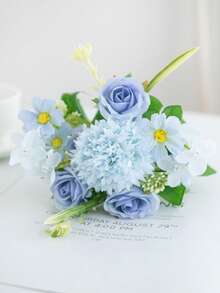 Buquê de hortênsias artificiais bordadas em seda, 1 peça, 29 cm (11,41 polegadas), rosas artificiais de chá para vaso de casamento na primavera, decoração de casa, sala de jantar, quarto, feriados, festa de aniversário, jardim externo, presente de Dia dos Namorados, decoração de baile de formatura. - Azul - Ver 4