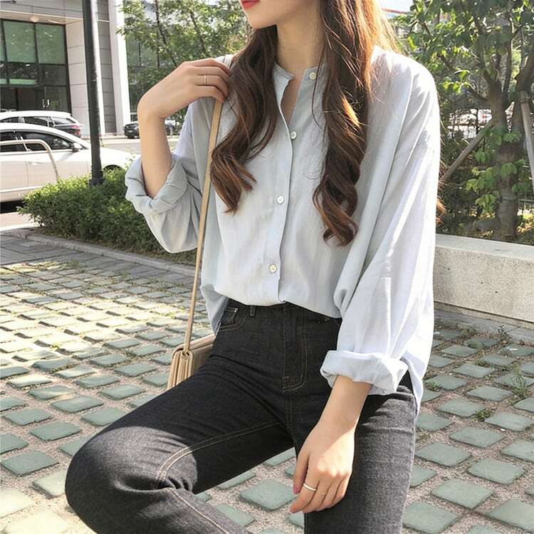 Women's Collarless Blouse, Suitable For Teenagers, 20s, 30s, Office & Casual Wear, Korean Style, Suitable For Spring, Autumn, Summer, Simple Design, Solid Color, Long Sleeve, Adult Size - Grey - View 3
