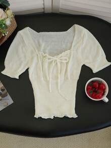 New Spring/Summer Sexy Ribbed Knit Crop Top With Drawstring, Square Neck, Fitted Silhouette - Apricot - View 7